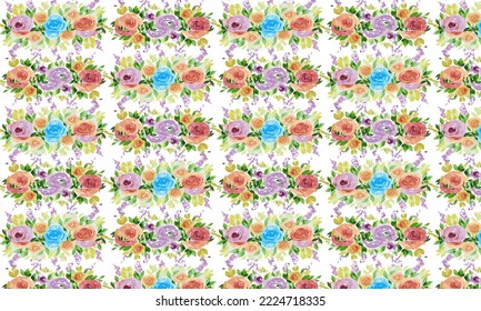 Vector seamless pattern with colorful roses oil painting on white background. Hand drawn flower floral ornament in sketch style. Can be used for wrapping paper, covers, textiles, etc.