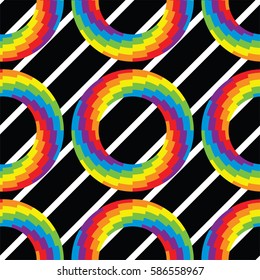 vector seamless pattern of colorful round wheel circles with bright rainbow colors on black and white diagonal striped background.