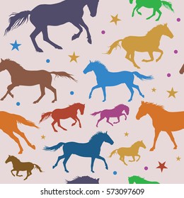 Vector Seamless Pattern with colorful running horses on grey background