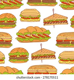 Vector seamless pattern with colorful sandwiches and burgers. Fast food background