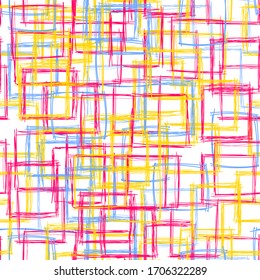 Vector seamless pattern, colorful scribble squares, multicolored background template, scratch lines, doodle hand drawn illustration.