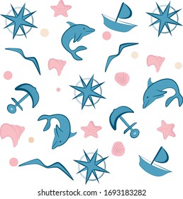 Vector seamless pattern with colorful sea shells, dolphin, anchor starfish. Summer vacation ocean nautical theme illustration for paper design, textile, background, fabric, wrap, package, sea cover