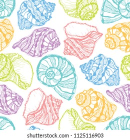 Vector seamless pattern from colorful seashell on white background. Hand drawn sketches mollusk sea shells.