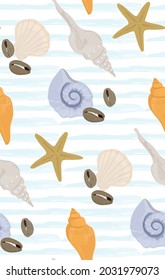 Vector seamless pattern of colorful seashells and stars in cartoon style, on geometric watercolor background.