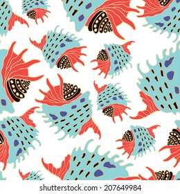 Vector seamless pattern with colorful seashells. Joyful background in marine style.