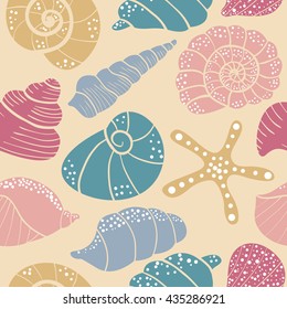 Vector seamless pattern with colorful seashells and starfish