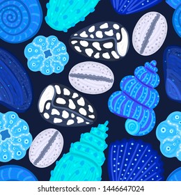 Vector seamless pattern with colorful shells. Ornament with seashells. Wrapping paper, package, wallpaper, clothing and other textile in a pet store or aquapark, print on shower curtain, beach mat