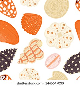 Vector seamless pattern with colorful shells. Ornament with seashells. Wrapping paper, package, wallpaper, clothing and other textile in a pet store or aquapark, print on shower curtain, beach mat