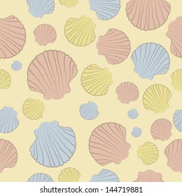 Vector seamless pattern with  colorful shells on a beige background