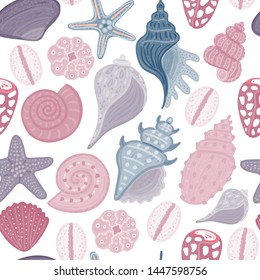Vector seamless pattern with colorful shells. Ornament with seashells. Wrapping paper, package, wallpaper, clothing and other textile in a pet store or aquapark, print on shower curtain, beach mat