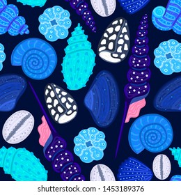 Vector seamless pattern with colorful shells. Ornament with seashells. Wrapping paper, package, wallpaper, clothing and other textile in a pet store or aquapark, print on shower curtain, beach mat