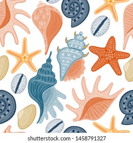 Vector seamless pattern with colorful shells. Ornament with seashells. 