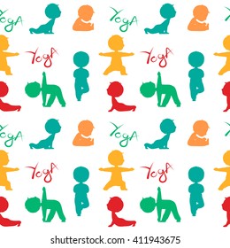 Vector seamless pattern. Colorful silhouettes, yoga poses, kids yoga seamless background.  Yoga poses vector.