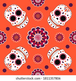 Vector seamless pattern with colorful skull and flowers. Elements for dia de muertos and halloween design. Repeated cartoon elements for autumn holiday