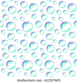 Vector seamless pattern with colorful soap bubbles on white background.