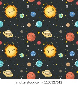 Vector seamless pattern The Colorful Solar System. Sun and Planets on orbit with universe background. It can be print and used as wallpaper, packaging, wrapping paper, fabric and etc.