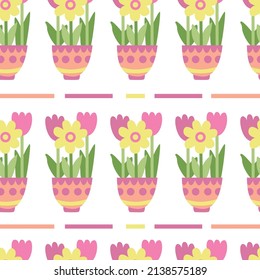 Vector seamless pattern with colorful spring flowers in pots. Great for fabric, wrapping papers, Easter design. Hand drawn flat  illustration on white background.