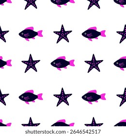Vector seamless pattern with colorful starfish and fish on a white background