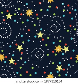Vector of seamless pattern with colorful stars,spirals and points on dark background.Space,starry sky