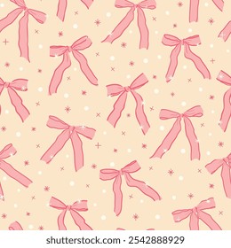 Vector seamless pattern with colorful striped satin bow knots. Hand drawn repeated illustration with coquette vintage narrow ribbon bows. Concept of celebration, holiday, party decoration, gift.