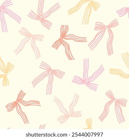 Vector seamless pattern with colorful striped satin bow knots. Hand drawn repeated illustration with coquette vintage narrow ribbon bows. Concept of celebration, holiday, party decoration, gift.