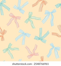 Vetor padrão sem emenda com colorido listrado cetim arco nós. Desenhado à mão ilustração repetida com coquette vintage arcos de fita estreita. Conceito de celebração, feriado, decoração de festa, presente.