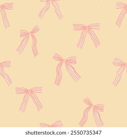 Vektor nahtloses Muster mit bunten gestreiften Satin Bogen Knoten. Handgezeichnete, wiederholte Illustration mit schmalen Schleifen aus Coquette-Vintage. Konzept der Feier, Urlaub, Party Dekoration, Geschenk.