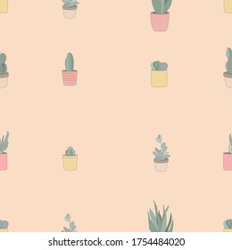 Vector seamless pattern of colorful succulents and cactus plants in a pottery garden. Illustration for design, greeting cards, gift paper, posters of indoor plants.