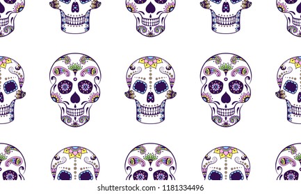 Vector seamless pattern of colorful sugar skull with doodle floral pattern on white background. Dia de Muertos sugar skull background