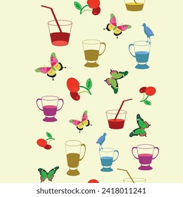 vector seamless pattern of colorful summer cocktails on light yellow background width butterfly and birds for picnic, party, restaurants projects