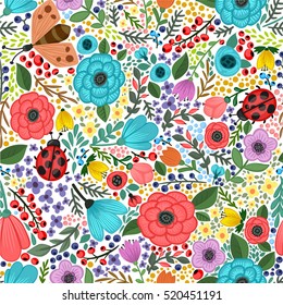 Vector seamless pattern with colorful summer plants and flowers.