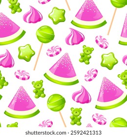 Vector seamless pattern with colorful sweets includes lollipops, jelly candies, marshmallows etc. isolated on white background.