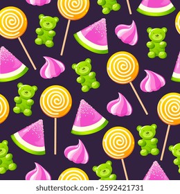 Vector seamless pattern with colorful sweets includes lollipops, jelly candies, marshmallows etc. isolated on purple background.