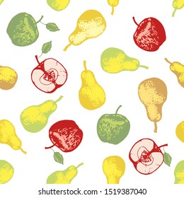 Vector seamless pattern with colorful tasty nice different sort of pears, apples, hand-drawn in graphic, real-style at the same time. Seasonal color green, yellow. The scattered, juicy whole fruit