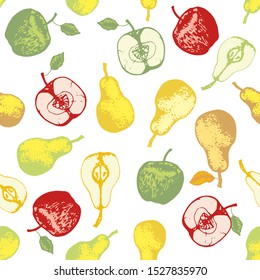 Vector seamless pattern with colorful tasty nice different pear sorts, apples, hand-drawn in graphic, real-style at the same time. Seasonal color green, yellow, red. The scattered, whole fruit, halves