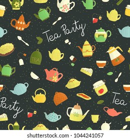 Vector seamless pattern of colorful teapots, pie, sandwich, jam jar. Bright tea repeat background. Colored kettles on dark background. Vintage textured doodle style backdrop. Tea party invitation.