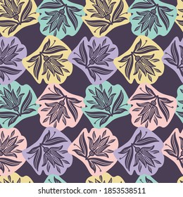 Vector seamless pattern colorful tender design of lined silhouettes flowers in pastel colors. The design is perfect for backgrounds, textiles, wrapping paper, wallpaper, decorations and surfaces