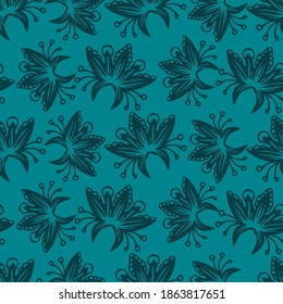 Vector seamless pattern colorful tender baroque design of lined silhouettes flower lace in emerald-green tones. The design is perfect for backgrounds, textiles, wrapping paper, wallpaper, decorations