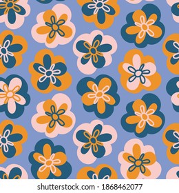 Vector seamless pattern colorful tender design of lined silhouettes flowers in blue and orange. The design is perfect for backgrounds, textiles, wrapping paper, wallpaper, decorations and surfaces