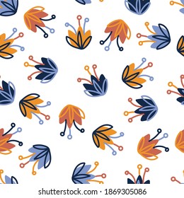 Vector seamless pattern colorful tender design of lined silhouettes flowers in blue and orange. The design is perfect for backgrounds, textiles, wrapping paper, wallpaper, decorations and surfaces