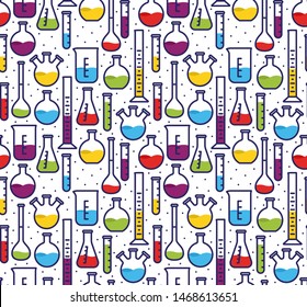 Vector Seamless Pattern With Colorful Test Tubes, Flasks, Bulb, Graduated Cylinders And Beakers Isolated On White Background. Wallpaper On The Chemistry Theme.