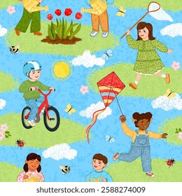 Vector Seamless Pattern with Colorful Textured Illustrations of Cute Children Activities in the Spring