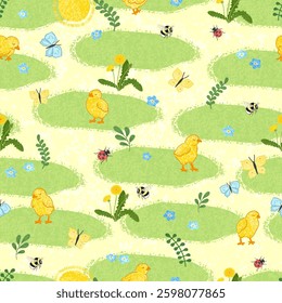 Vector Seamless Pattern with Colorful Textured Illustrations of Cute Chickens in the Meadow