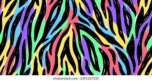 Vector seamless pattern with colorful tiger stripes. Abstract doodle animal print.