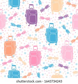 Vector seamless pattern with colorful travel suitcases and sunglasses on white background decorated with little color circles. Hand drawn illustration. Traveling concept.