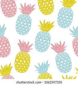 Vector seamless pattern with colorful tropical fruits. Hand drawn pineapple.