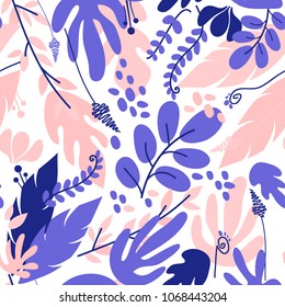 Vector seamless pattern with colorful tropical flowers and leaves. Design with cartoon botanical elements in flat style