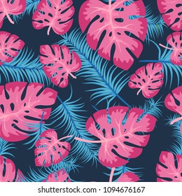 Vector seamless pattern with colorful tropical leaves. Cute bright and fun summer floral background in trendy blue pink style. Jungle leaf, exotic palm leaves. Vector illustration.