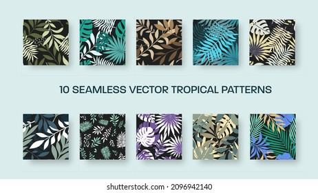 Vector seamless pattern with colorful tropical leaves, exotic twigs, abstract elements on a black background. Illustration template with design for wallpaper, cover, notebook. Creative backdrop set