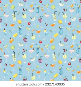 Vector seamless pattern with colorful tropical cocktails on a blue background in a flat style. Perfect for print, wrapping paper, wallpaper, fabric design.